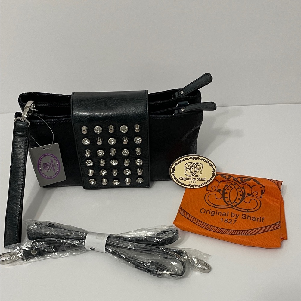Sharif 1827 Black Studded Wrist/Clutch/Crossbody Bag - Picture 3 of 16